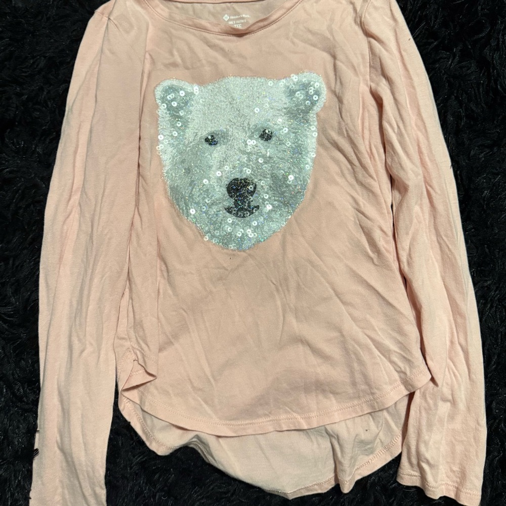 Outfit: Members Mark Pink Sequin Bear Long Sleeve Tee with white capris leggings